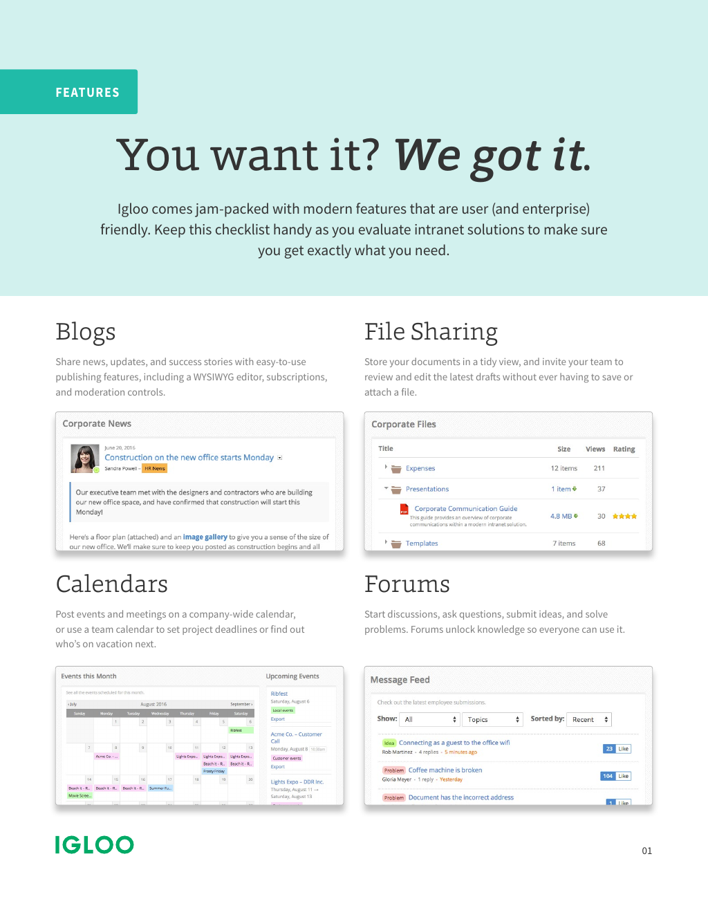 Features Checklist Igloo